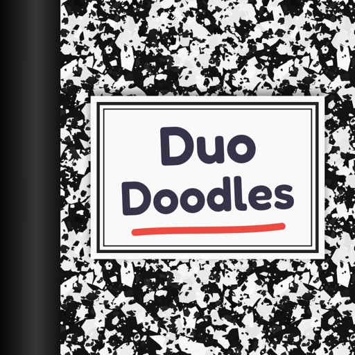 Duo Doodles app icon: a composition notebook